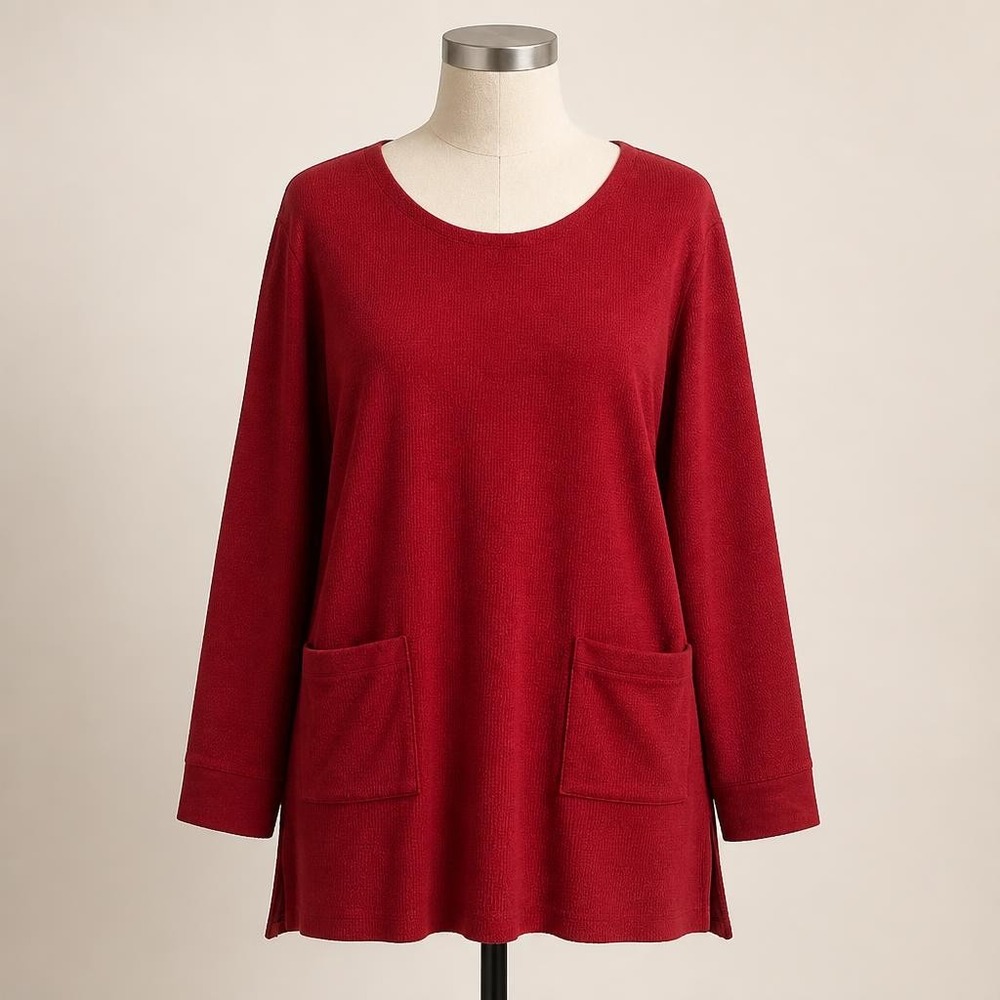 J.Jill Textured Tunic Top Womens XL Red Long Sleeve Pockets Cotton Blend NWT